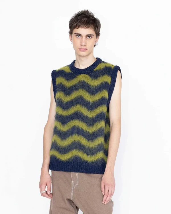 Strik>Highsnobiety HS05 Alpaca Fuzzy Wave Sweater Vest Navy/Olive Gron