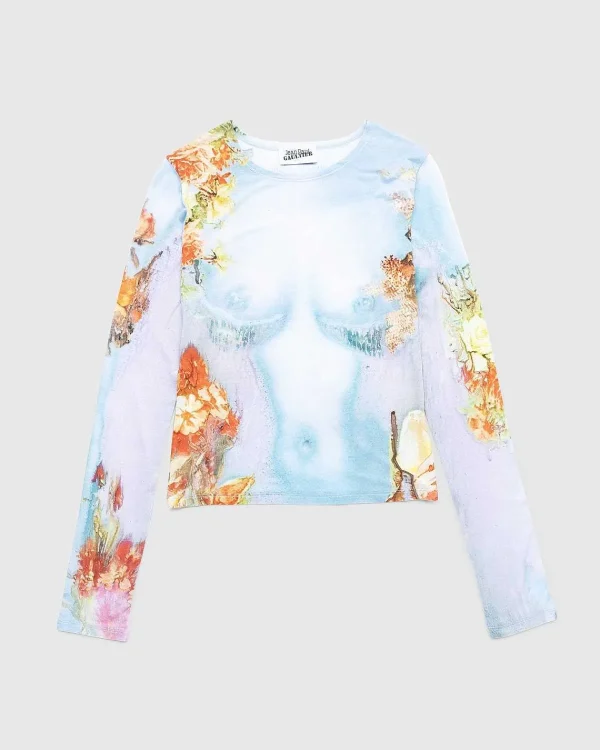 T-Shirts>Jean Paul Gaultier Body Flower-Print Mesh Top Bla