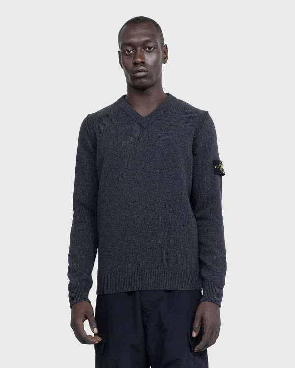 Strik>Stone Island V-Hals Sweater Melange Charcoal