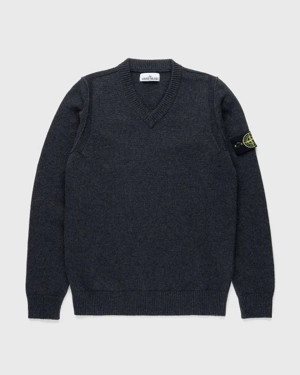 Strik>Stone Island V-Hals Sweater Melange Charcoal