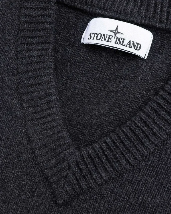 Strik>Stone Island V-Hals Sweater Melange Charcoal