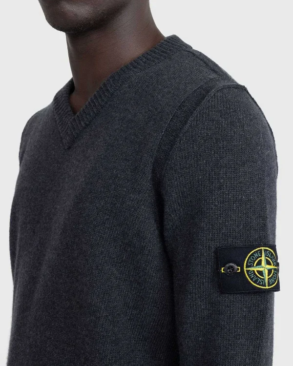 Strik>Stone Island V-Hals Sweater Melange Charcoal